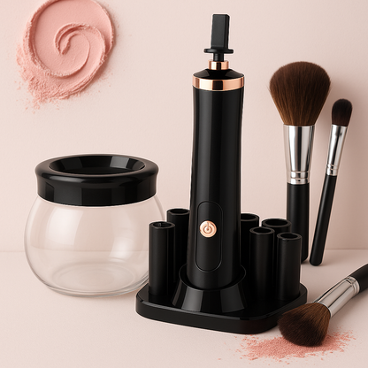 Black electric makeup brush cleaner and dryer with rose gold accents and side power button for easy cleaning and drying