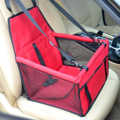 Red and black dog travel car seat carrier with mesh sides and adjustable straps for pet safety in vehicles