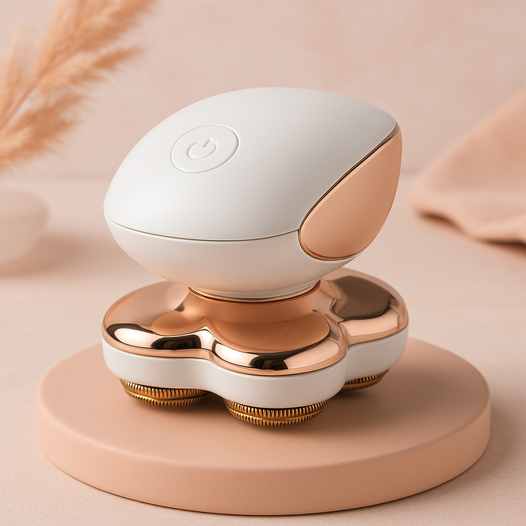 A sleek modern white and rose gold electric razor with four rotating blades for flawless leg hair removal for women