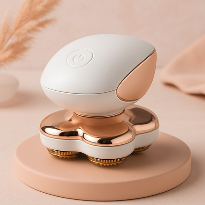 A sleek modern white and rose gold electric razor with four rotating blades for flawless leg hair removal for women