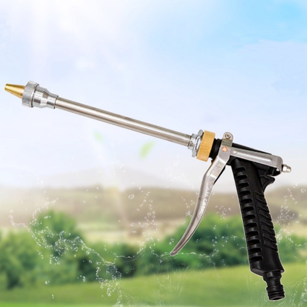 High-pressure car wash spray gun with black and silver textured grip handle brass tip and adjustable pressure control