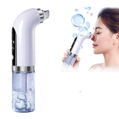 Electric blackhead vacuum remover in white and silver with transparent reservoir containing blue liquid for facial pore cleaning