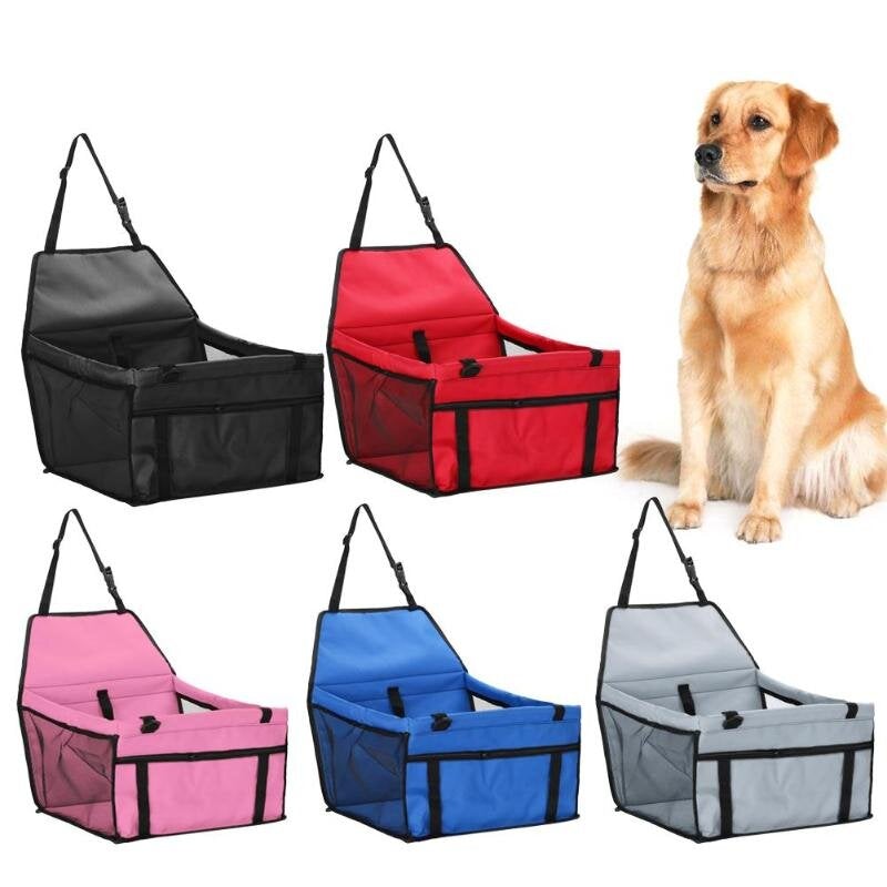 A collapsible multi-colored dog travel car seat carrier with mesh side panel and black trim for pet safety and comfort