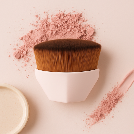 A sleek white hexagonal high density foundation brush with dense gradient brown bristles for smooth application