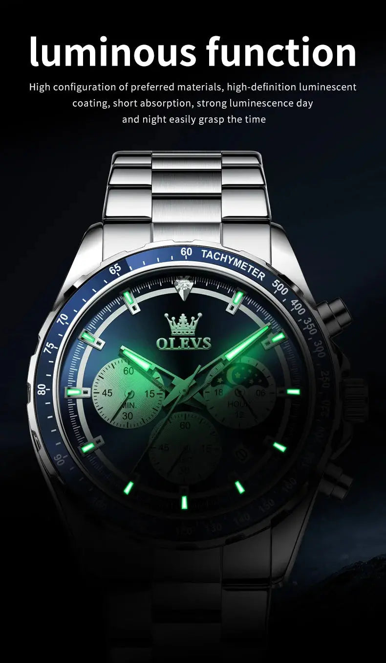 OLEVS 2945 Quartz Watch – Stainless Steel, Moon Phase, 3 Bar - Winter Seller Hub