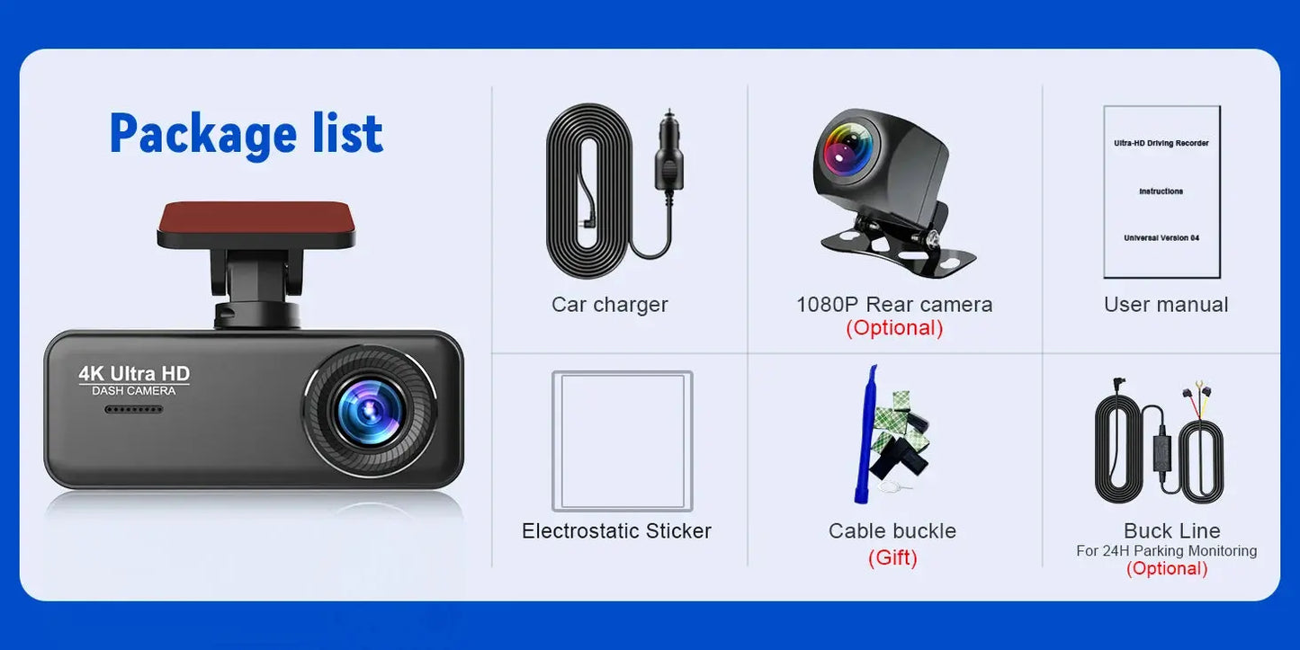 Soam 4K Ultra HD Dash Cam Car DVR Recorder Front and Rear Cam 170° wide Angle WIFI GPS Car Camera WDR Night Vision APP control - Winter Seller Hub
