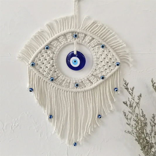 Handwoven Evil Eye Wall Tapestry – Blue Cotton Macramé Decor - Winter Seller Hub