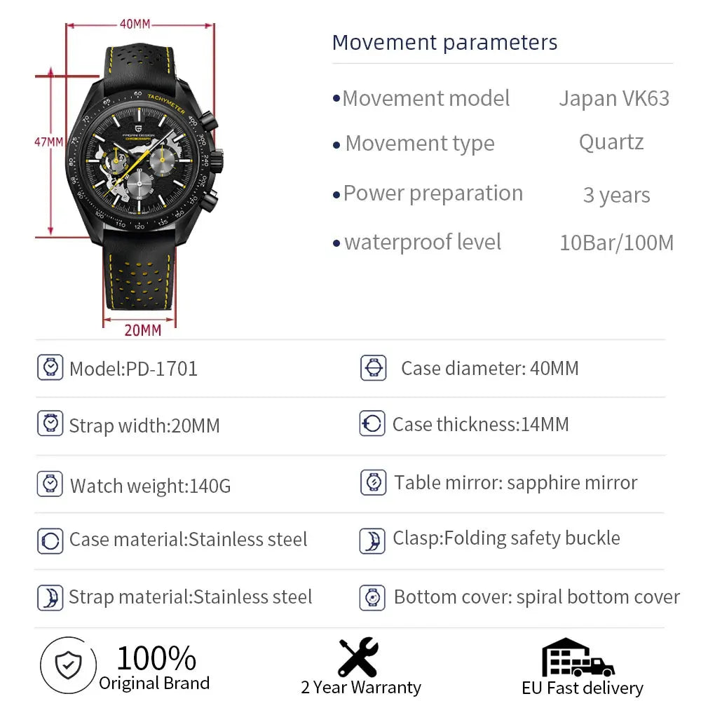 PAGANI DESIGN PD-1779 Quartz Wristwatch – Stainless Steel, Chronograph, Water-Resistant Business Watch - Winter Seller Hub