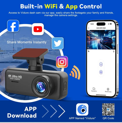 Soam 4K Ultra HD Dash Cam Car DVR Recorder Front and Rear Cam 170° wide Angle WIFI GPS Car Camera WDR Night Vision APP control - Winter Seller Hub