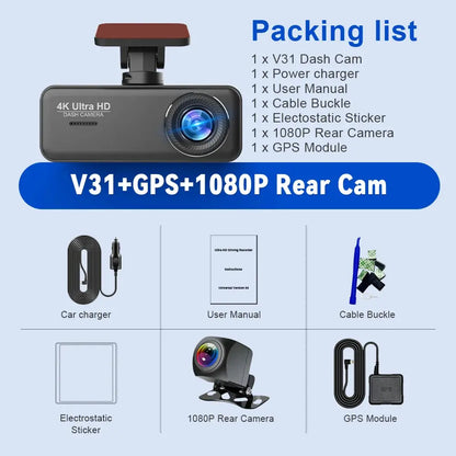 Soam 4K Ultra HD Dash Cam Car DVR Recorder Front and Rear Cam 170° wide Angle WIFI GPS Car Camera WDR Night Vision APP control - Winter Seller Hub