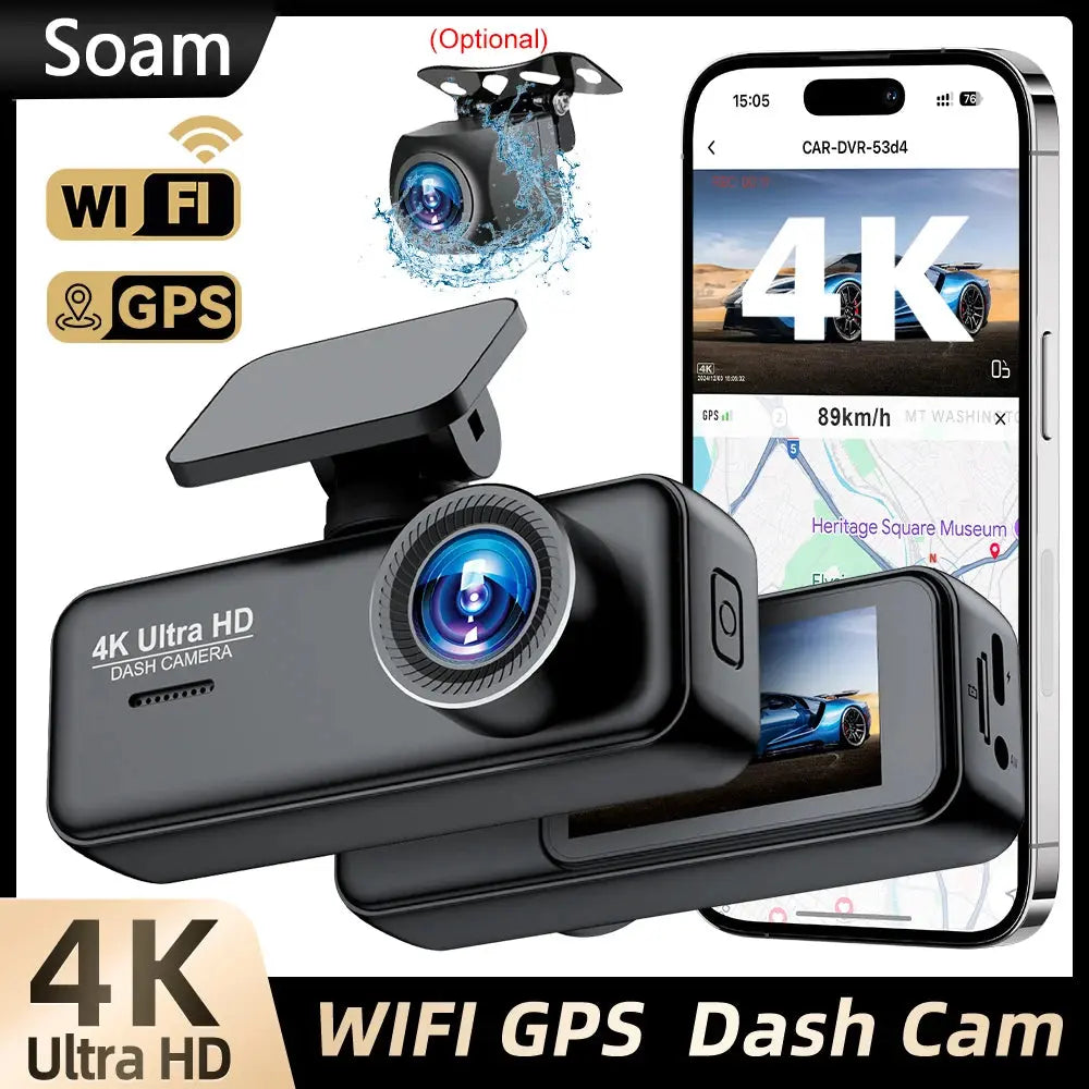 Soam 4K Ultra HD Dash Cam Car DVR Recorder Front and Rear Cam 170° wide Angle WIFI GPS Car Camera WDR Night Vision APP control - Winter Seller Hub