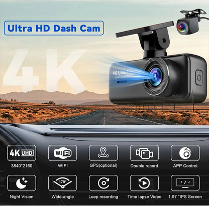 Soam 4K Ultra HD Dash Cam Car DVR Recorder Front and Rear Cam 170° wide Angle WIFI GPS Car Camera WDR Night Vision APP control - Winter Seller Hub
