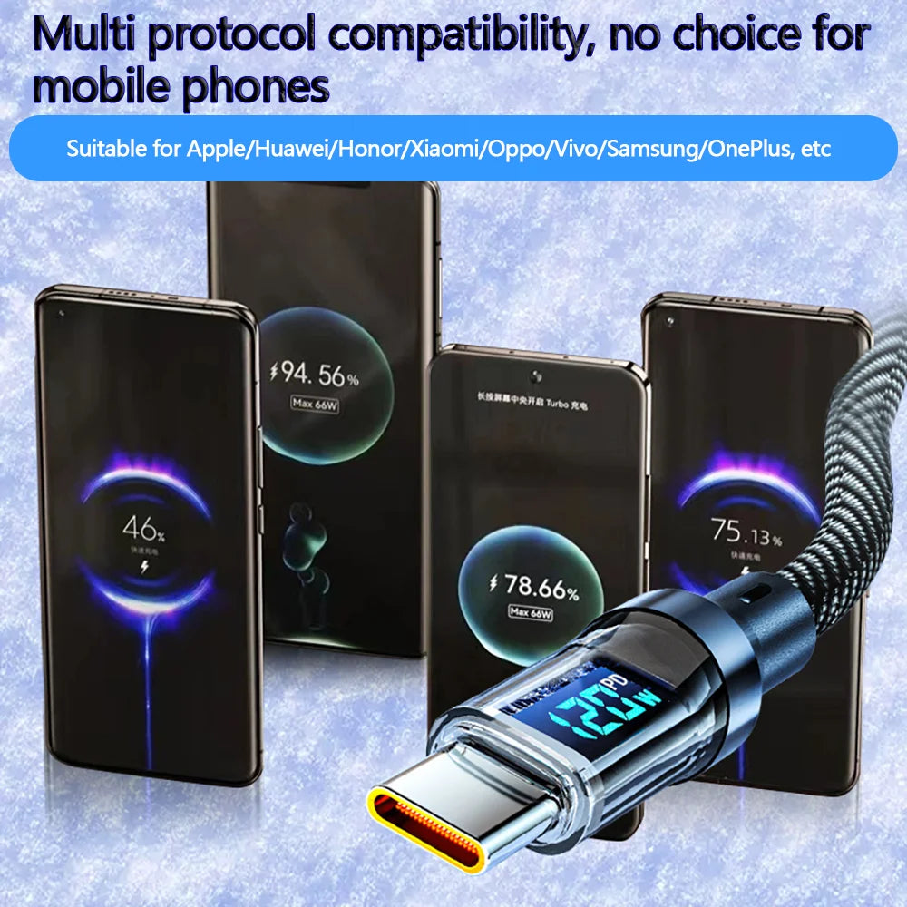120W USB to Type C Cable Phone Super Fast Charging Cable With LED Display 100W Type-C To Type-C Data Cord For Huawei Oppo Vivo - Winter Seller Hub