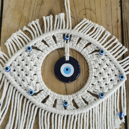 Handwoven Evil Eye Wall Tapestry – Blue Cotton Macramé Decor - Winter Seller Hub