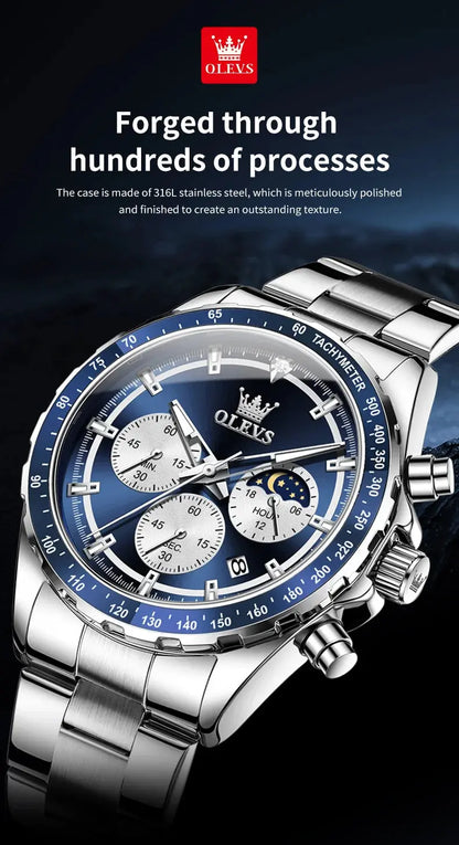 OLEVS 2945 Quartz Watch – Stainless Steel, Moon Phase, 3 Bar - Winter Seller Hub