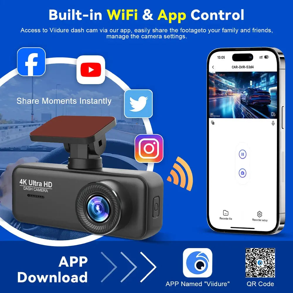 Soam 4K Ultra HD Dash Cam Car DVR Recorder Front and Rear Cam 170° wide Angle WIFI GPS Car Camera WDR Night Vision APP control - Winter Seller Hub