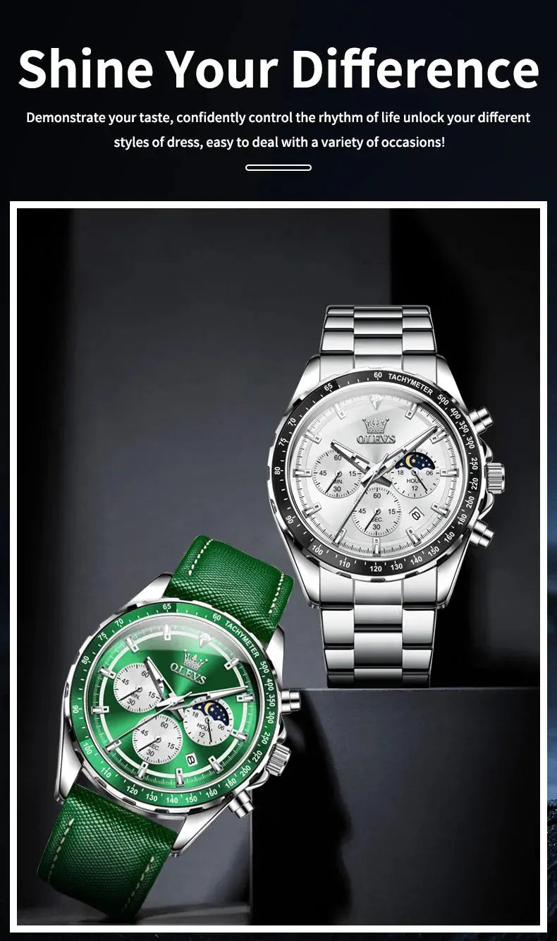 OLEVS 2945 Quartz Watch – Stainless Steel, Moon Phase, 3 Bar - Winter Seller Hub