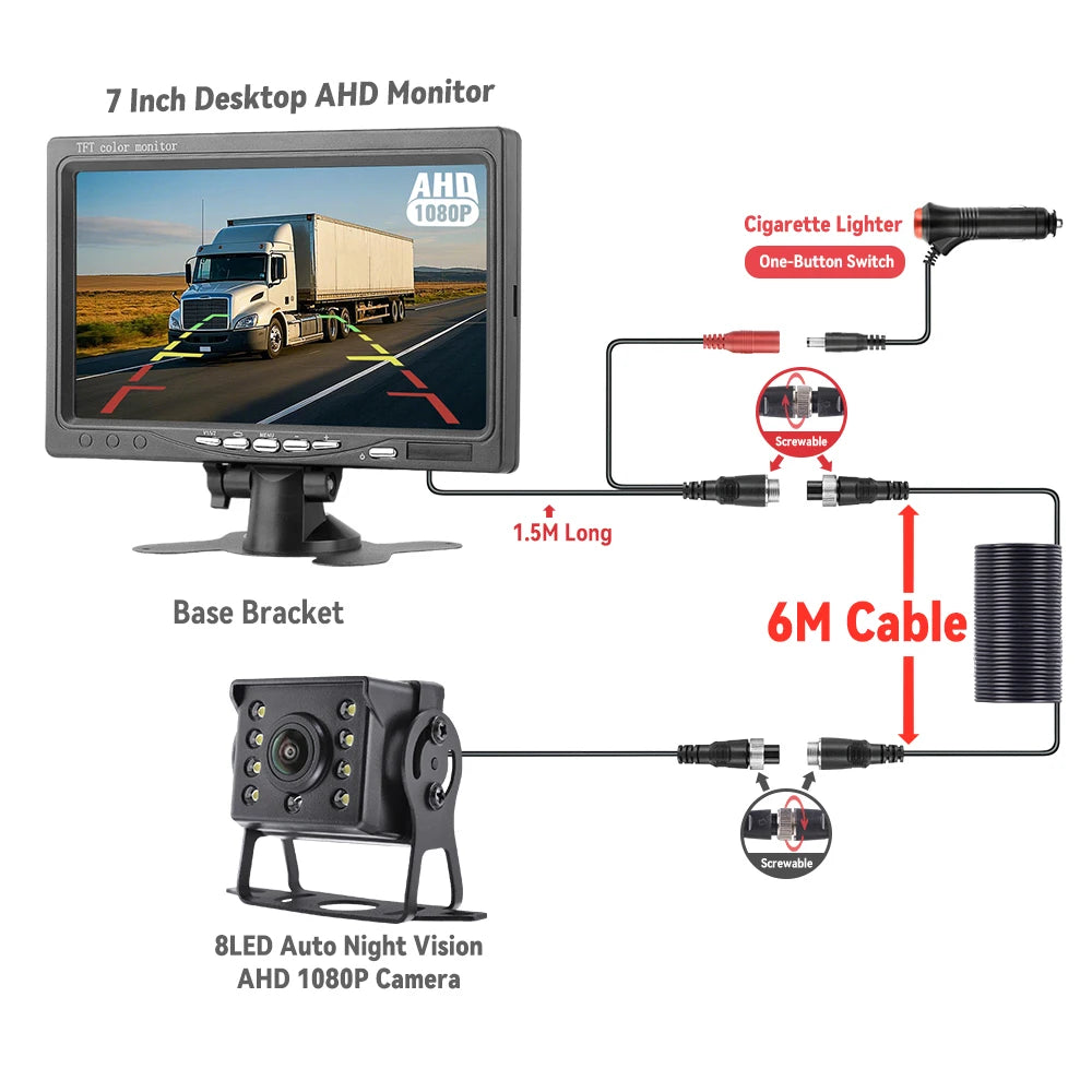 MJDOUD AHD 1080P Rear View Camera with Monitor 7" Screen 12-24V Night Vision Waterproof Front Reversing Set for Truck Parking - Winter Seller Hub
