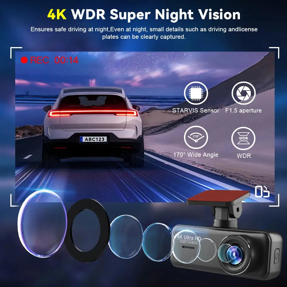 Soam 4K Ultra HD Dash Cam Car DVR Recorder Front and Rear Cam 170° wide Angle WIFI GPS Car Camera WDR Night Vision APP control - Winter Seller Hub