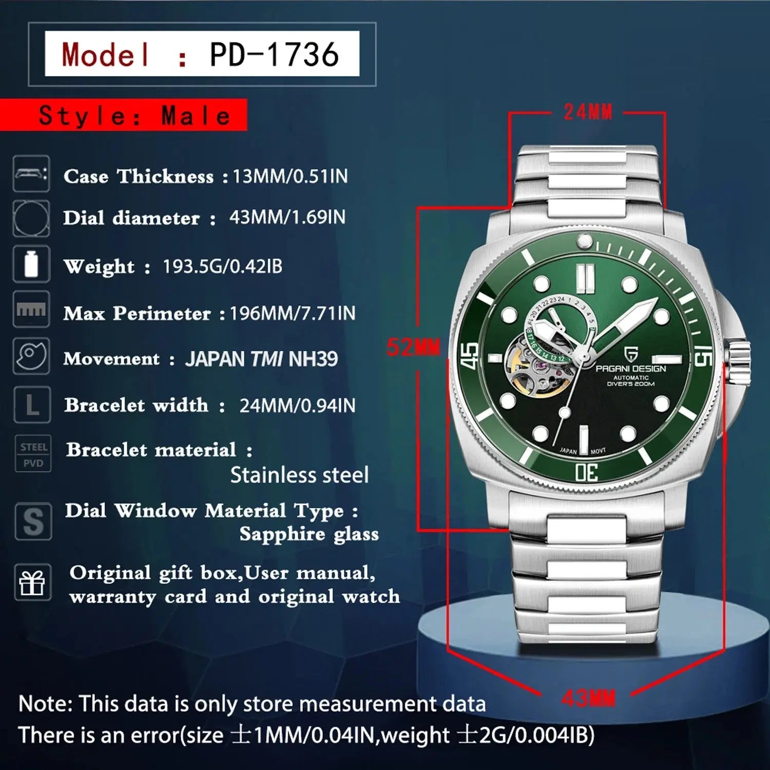 PAGANI DESIGN PD-1736 Automatic Skeleton – Sapphire, 20 Bar, Steel - Winter Seller Hub