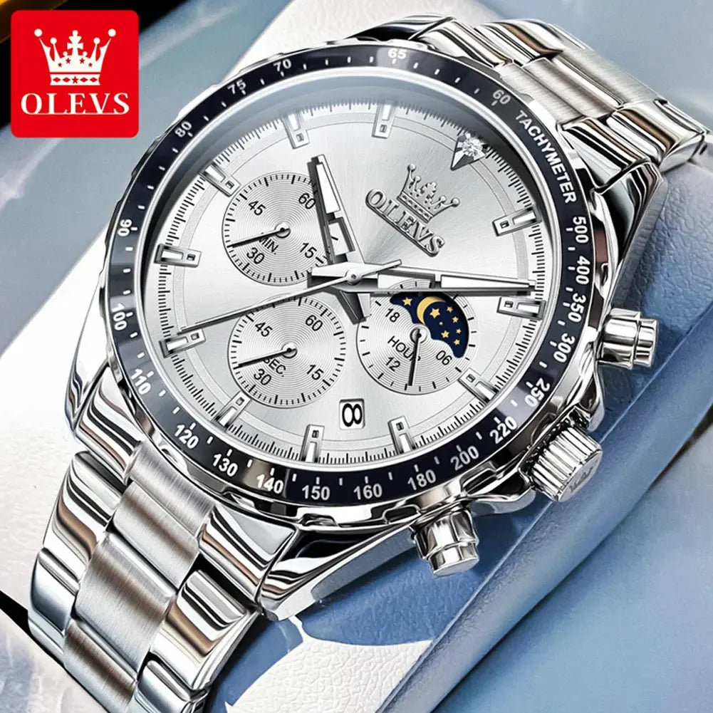 OLEVS 2945 Quartz Watch – Stainless Steel, Moon Phase, 3 Bar - Winter Seller Hub