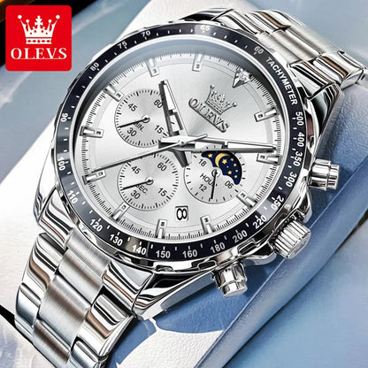 OLEVS 2945 Quartz Watch – Stainless Steel, Moon Phase, 3 Bar - Winter Seller Hub