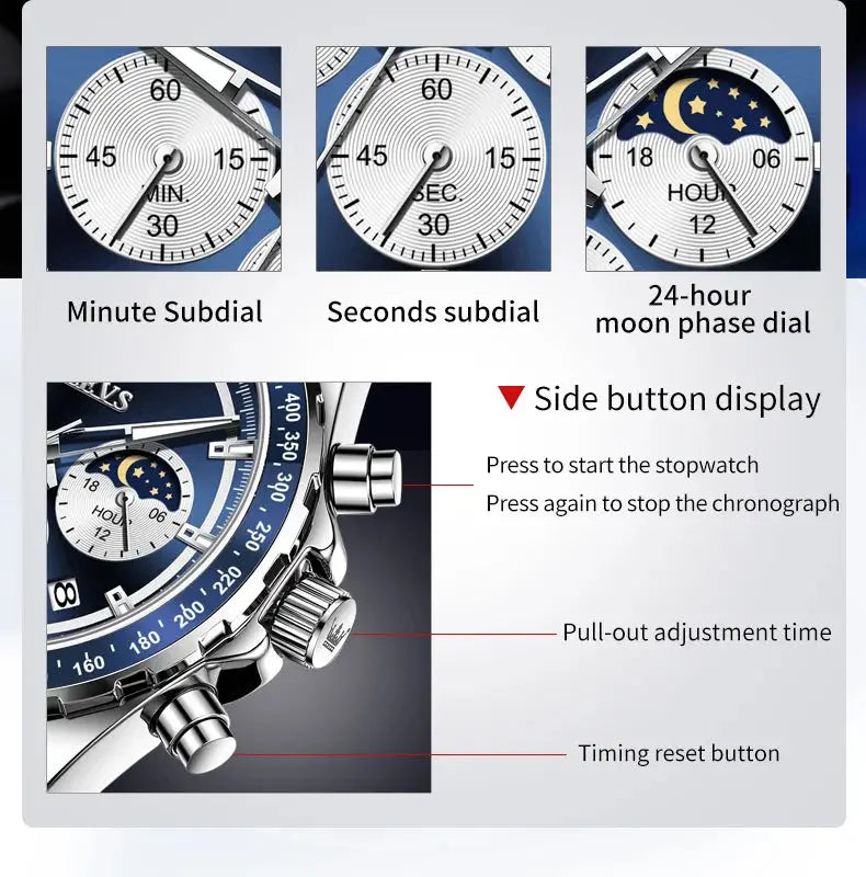 OLEVS 2945 Quartz Watch – Stainless Steel, Moon Phase, 3 Bar - Winter Seller Hub