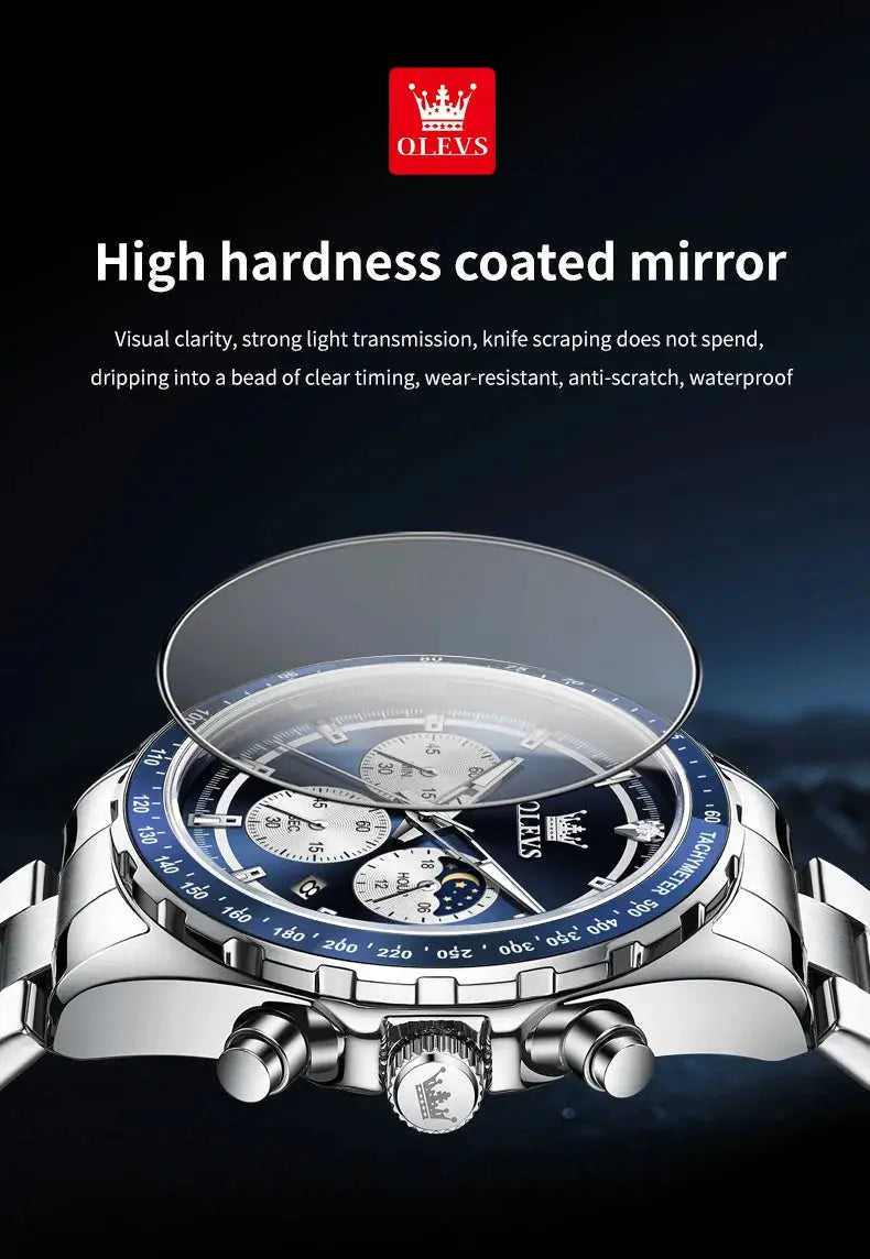 OLEVS 2945 Quartz Watch – Stainless Steel, Moon Phase, 3 Bar - Winter Seller Hub