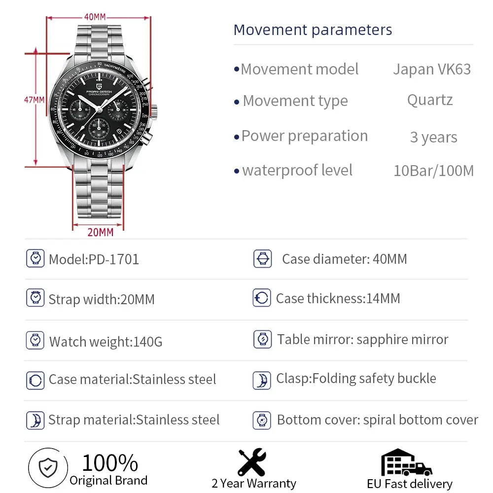 PAGANI DESIGN PD-1701 Moonwatch – VK63 Chronograph, Sapphire, 10 Bar - Winter Seller Hub