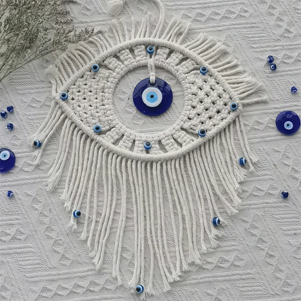 Handwoven Evil Eye Wall Tapestry – Blue Cotton Macramé Decor - Winter Seller Hub