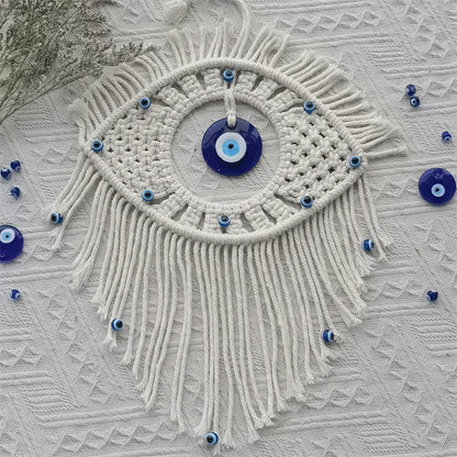 Handwoven Evil Eye Wall Tapestry – Blue Cotton Macramé Decor - Winter Seller Hub