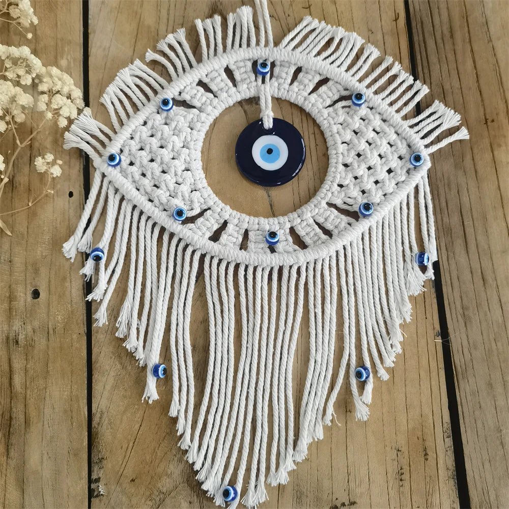 Handwoven Evil Eye Wall Tapestry – Blue Cotton Macramé Decor - Winter Seller Hub