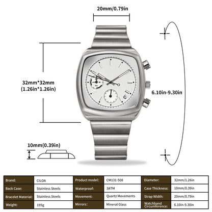 CILOA 508 Quartz Watch – Square Stainless Steel, 3 Bar, Japan Movement - Winter Seller Hub