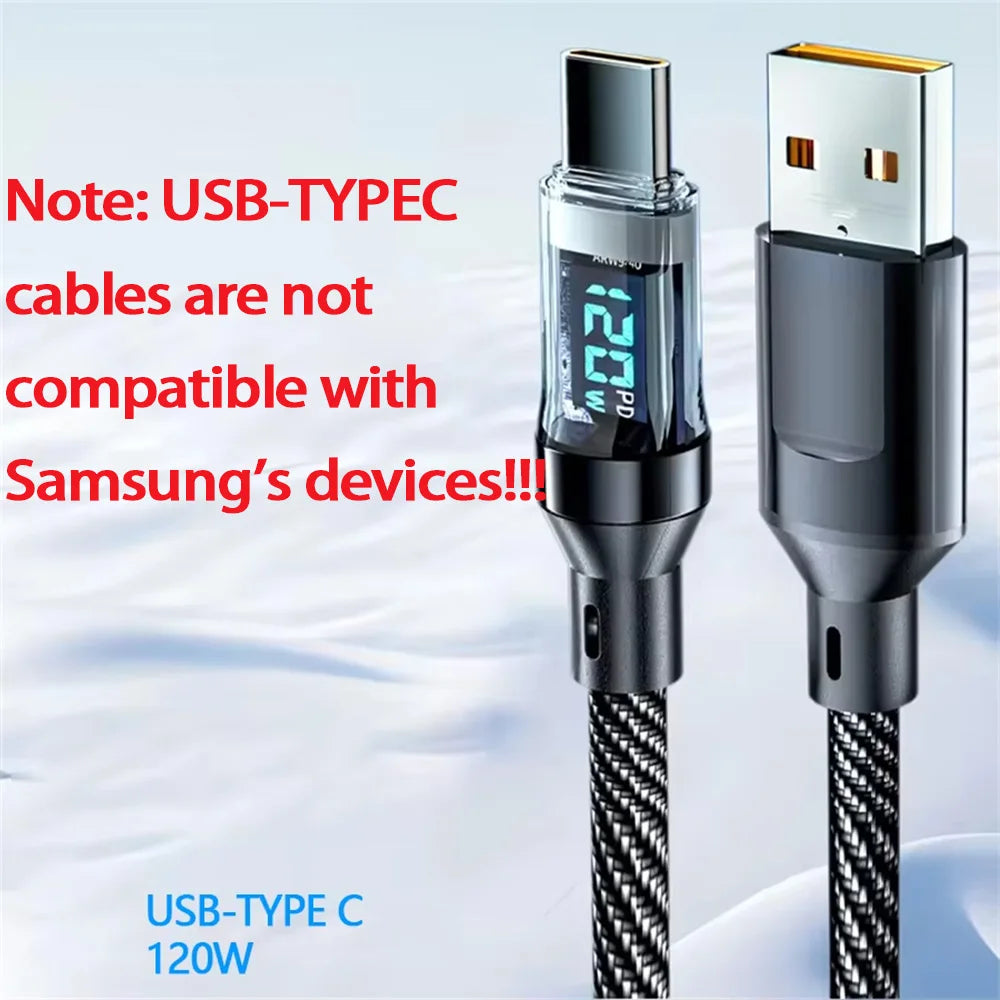 120W USB to Type C Cable Phone Super Fast Charging Cable With LED Display 100W Type-C To Type-C Data Cord For Huawei Oppo Vivo - Winter Seller Hub