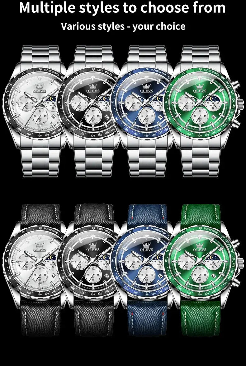 OLEVS 2945 Quartz Watch – Stainless Steel, Moon Phase, 3 Bar - Winter Seller Hub