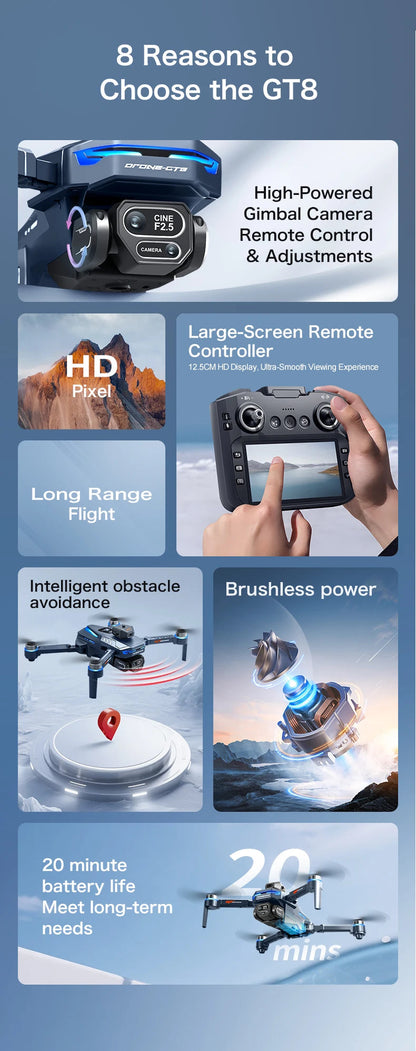 New GT8 Drone 8K Professional HD Dual Cameras Screen Remote 5G WIFI Brushless Motor Obstacle Avoidance Foldable Quadcopter Toys - Winter Seller Hub