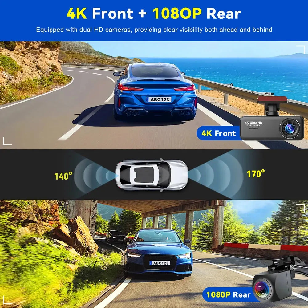 Soam 4K Ultra HD Dash Cam Car DVR Recorder Front and Rear Cam 170° wide Angle WIFI GPS Car Camera WDR Night Vision APP control - Winter Seller Hub