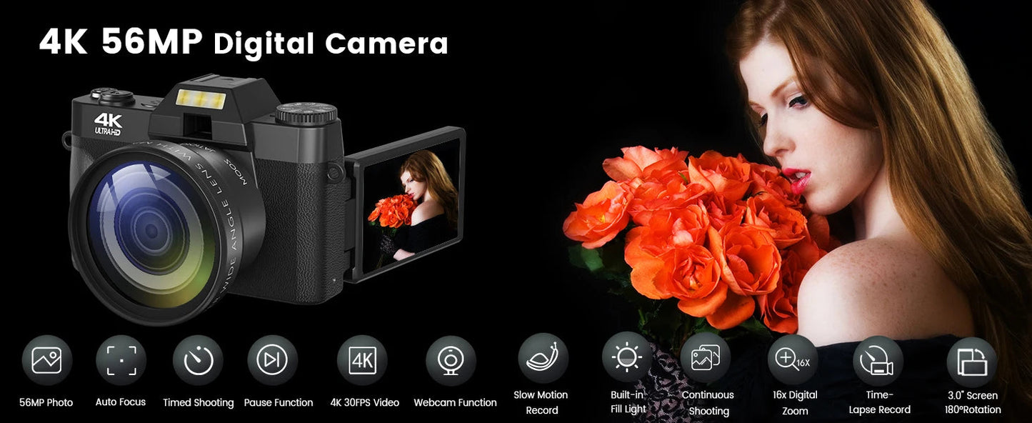 Compact Digital Photography Camera 4K WIFI Webcam Retro Vlog Recorder YouTube 64MP Camcorder 3 Inch Flip Screen Wide Angle Lens - Winter Seller Hub