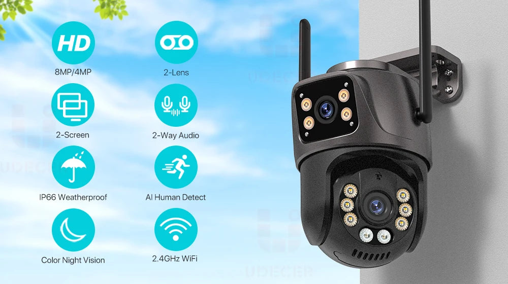 4K 8MP HD Wifi PTZ Camera Outdoor 4MP Dual Lens Dual Screen AI Auto Tracking IP Camera CCTV Audio Video Surveillance P2P iCSee - Winter Seller Hub