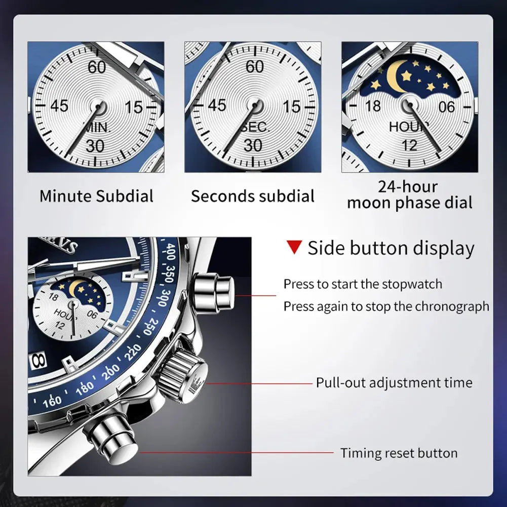 OLEVS 2945 Quartz Watch – Stainless Steel, Moon Phase, 3 Bar - Winter Seller Hub