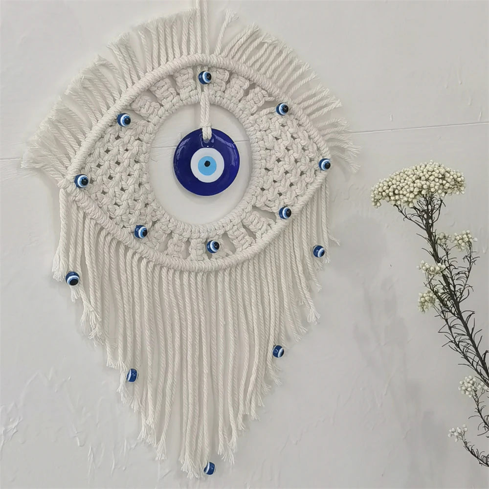 Handwoven Evil Eye Wall Tapestry – Blue Cotton Macramé Decor - Winter Seller Hub