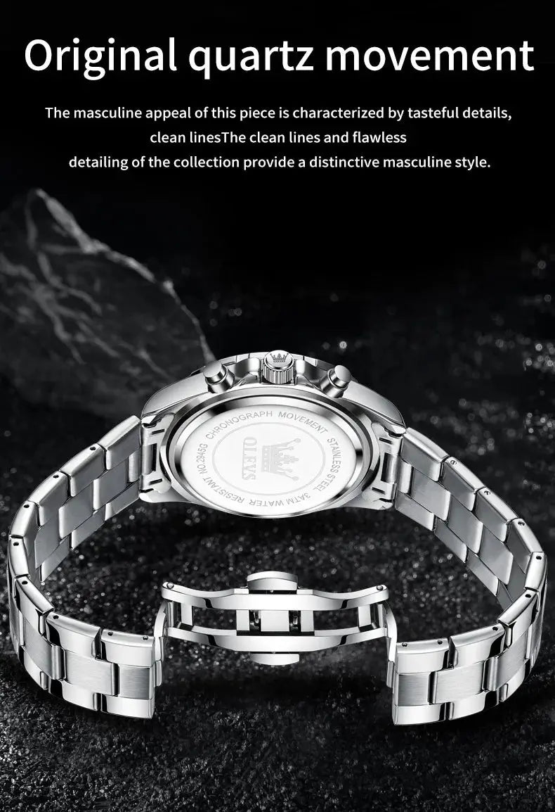 OLEVS 2945 Quartz Watch – Stainless Steel, Moon Phase, 3 Bar - Winter Seller Hub
