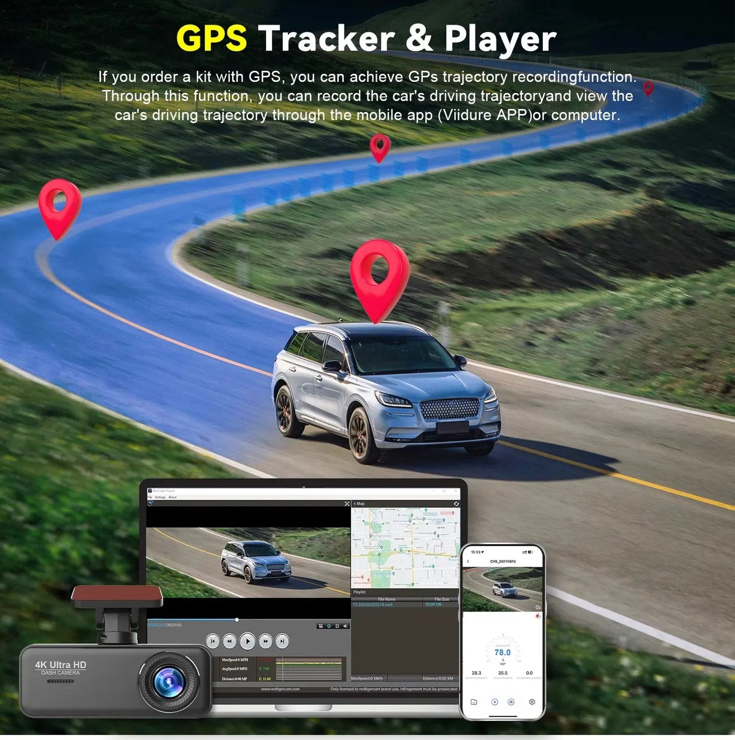 Soam 4K Ultra HD Dash Cam Car DVR Recorder Front and Rear Cam 170° wide Angle WIFI GPS Car Camera WDR Night Vision APP control - Winter Seller Hub