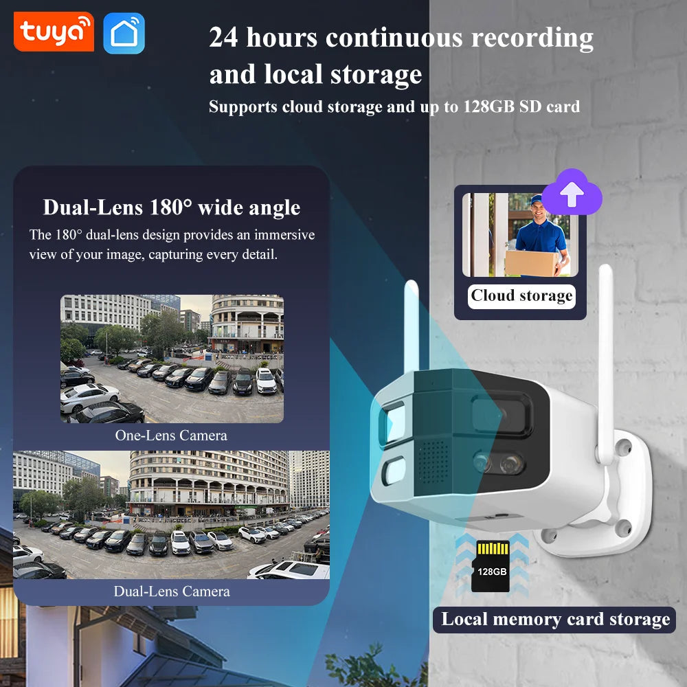 Tuya Smart 8MP Dual-Lens Large wide 180°Security Outdoor WiFi Camera With Color Night Vision Siren 2-Way Talk Waterproof IP Cam - Winter Seller Hub