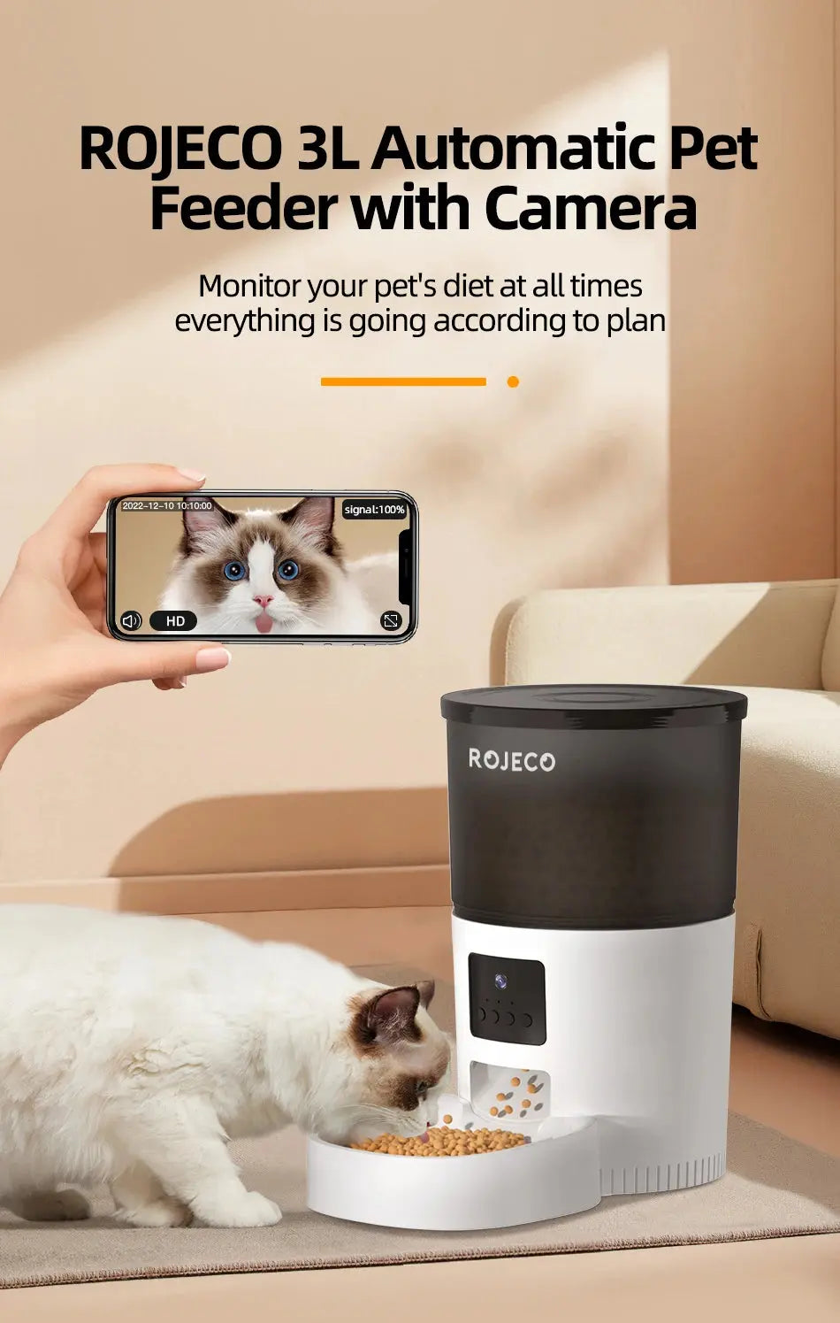 ROJECO Smart Cat Feeder – Rechargeable, 100–300g, EU Plug - Winter Seller Hub