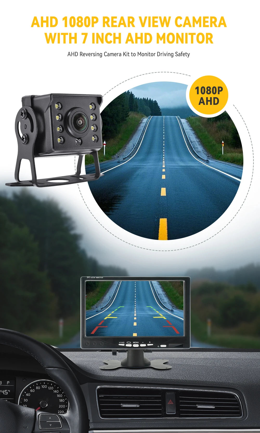 MJDOUD AHD 1080P Rear View Camera with Monitor 7" Screen 12-24V Night Vision Waterproof Front Reversing Set for Truck Parking - Winter Seller Hub