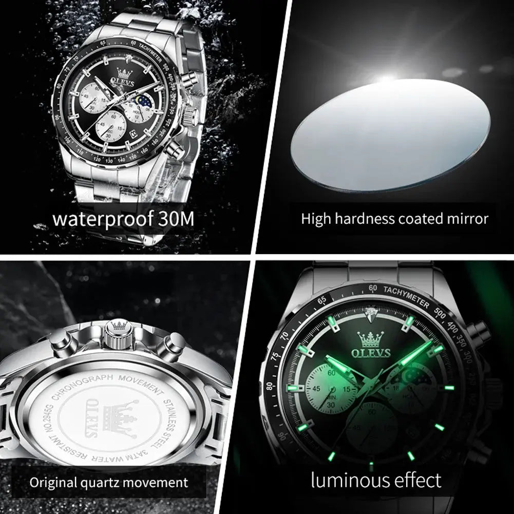 OLEVS 2945 Quartz Watch – Stainless Steel, Moon Phase, 3 Bar - Winter Seller Hub