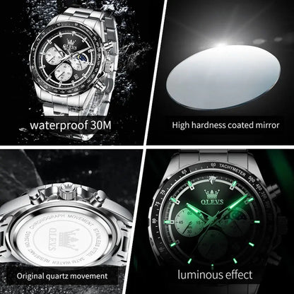 OLEVS 2945 Quartz Watch – Stainless Steel, Moon Phase, 3 Bar - Winter Seller Hub