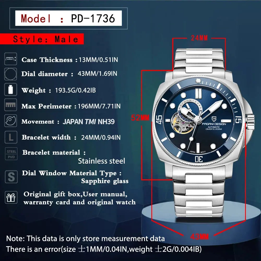 PAGANI DESIGN PD-1736 Automatic Skeleton – Sapphire, 20 Bar, Steel - Winter Seller Hub
