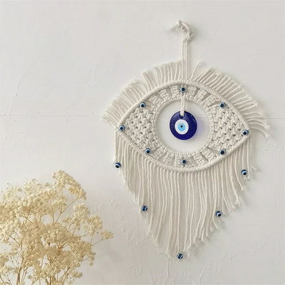 Handwoven Evil Eye Wall Tapestry – Blue Cotton Macramé Decor - Winter Seller Hub
